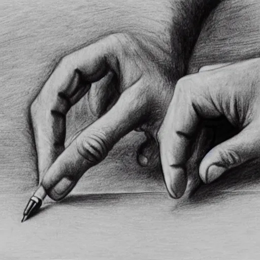 Image similar to M.C. Escher two hands drawing each other with a pencil