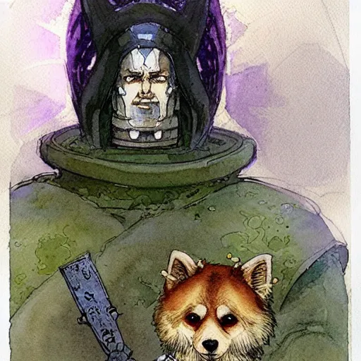 Image similar to a simple and atmospheric watercolour fantasy character concept art portrait of an android soldier with a pomeranian head as a druidic warrior wizard looking at the camera with an intelligent gaze, very muted colors, by rebecca guay, michael kaluta, charles vess and jean moebius giraud