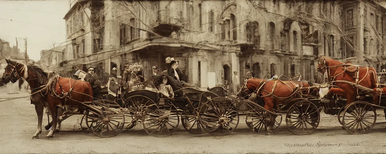 Image similar to 1 8 0 0 s horse drawn carriage carrying spaghetti to a factory building, daguerreotype, ultra - realistic faces, fine detail, anon 5 0 mm, wes anderson, kodachrome, retro