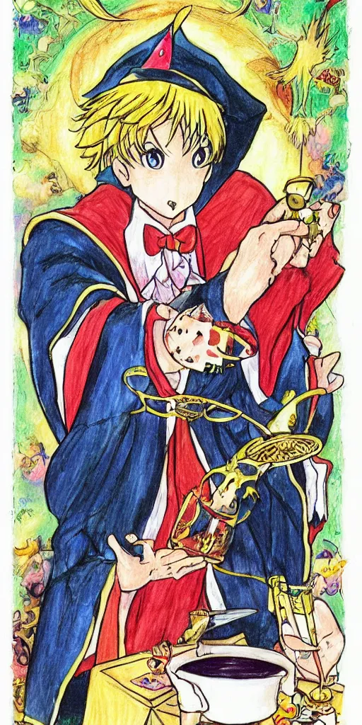 Prompt: a mystical man with a goblet on the table, wizard hat, drawn by Naoko Takeuchi,