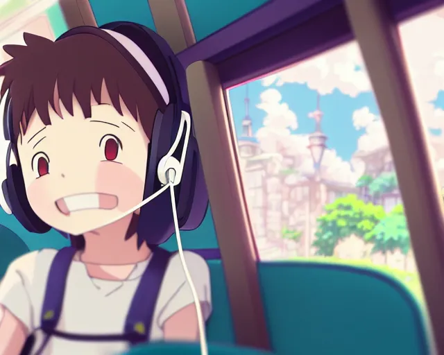 Image similar to anime fine details portrait of joyful girl in headphones in school bus, bokeh. anime masterpiece by Studio Ghibli. 8k render, sharp high quality anime illustration in style of Ghibli, artstation