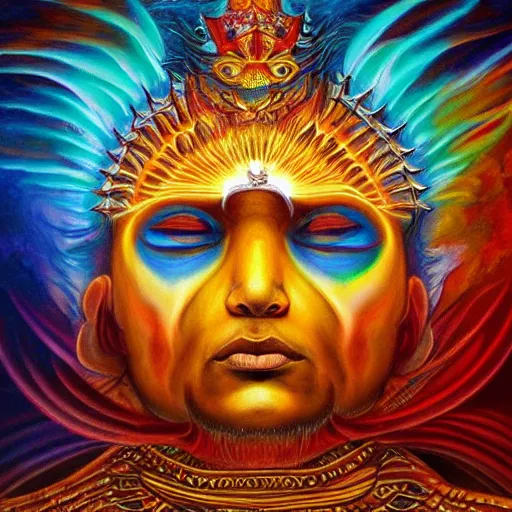 Image similar to the sacred fire spirit king of earth by GEOGLYPHIKS by FABIÁN JIMÉNEZ by MICHAEL DIVINE by AMANDA SAGE in the style of oil painting visionary art, intricate oil painting artwork. , trending on artstation, very coherent symmetrical artwork, oil painting