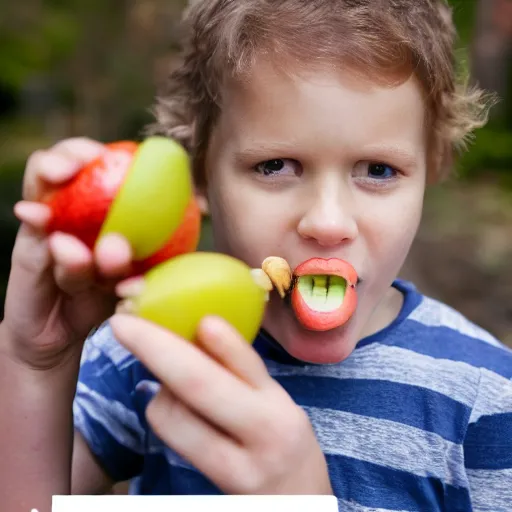 Image similar to long nose white boy eating fruit recklessly, photograph, caught in the moment, mid shot, photorealistic