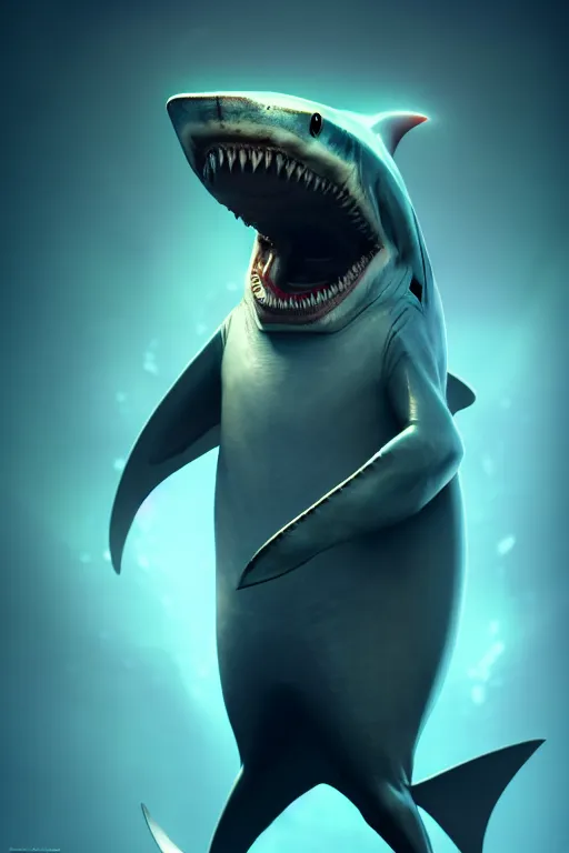 Image similar to anthropomorphic business shark character concept cinematic lighting, smooth, high detail, glowing eyes, studio quality, highly detailed, centered, octane render, by alexandros pyromallis, fog volumes, metal panels, frank zappa, fsociety by greg rutkowski