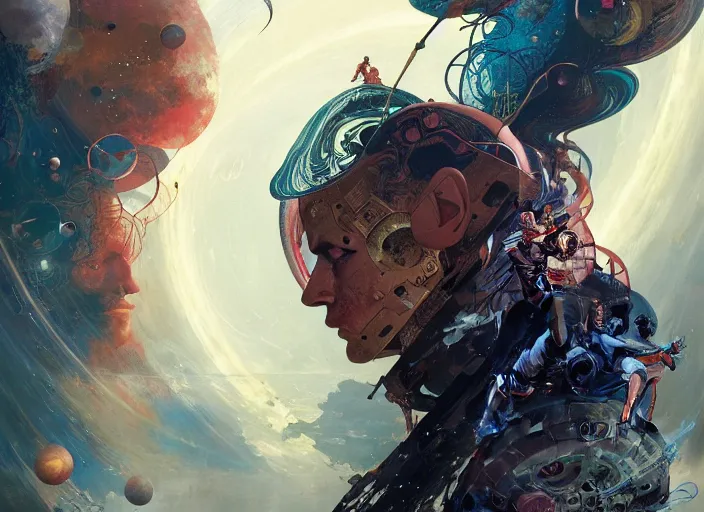 Image similar to joel kinnaman as a warrior surrounded by intergalactic planets connected by streams of magical flow, visually stunning, luxurious, by james jean, jakub rebelka, tran nguyen, peter mohrbacher, yoann lossel, wadim kashin