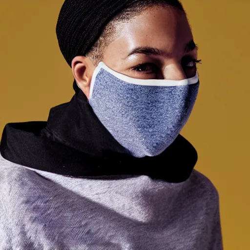 Image similar to realistic photoshooting for a new balenciaga lookbook, color film photography, portrait of a beautiful woman, model is wearing a balaclava mask, in style of tyler mitchell, 3 5 mm,