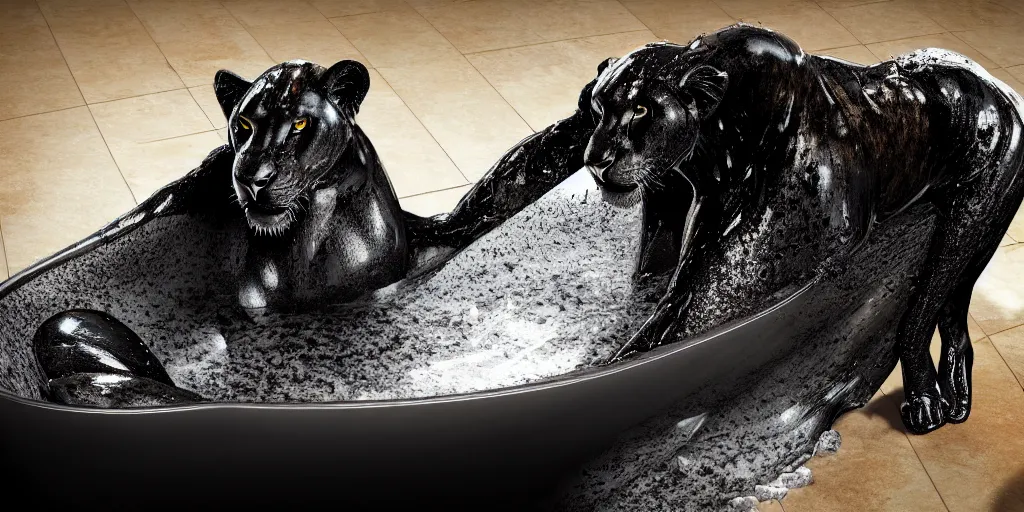 Prompt: a black lioness made of ferrofluid bathing inside the bathtub full of tar, covered with tar. dslr, photography, realism, animal photography, color, modern bathroom, hyper realistic, 8 k resolution, unreal engine 5, raytracing