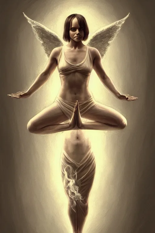 Image similar to Full body potrait of Christina Ricci as an angel doing yoga , angel is split in two with smoke, fantasy, intricate, elegant, highly detailed, digital painting, artstation, concept art, smooth, sharp focus, illustration, art by Ilja Repin