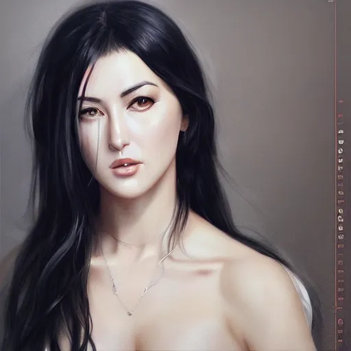 Image similar to realistic detailed semirealism Monica Bellucci 4K high resolution quality artstyle professional artists WLOP, Aztodio, Taejune Kim, Guweiz, Pixiv, Instagram, Artstation