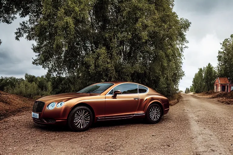 Prompt: modern rusty rusty Bentley Continental GT drives along the road of an old Russian village with houses at the edges