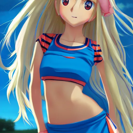 Image similar to a very beautiful young anime tennis girl, full body, long wavy blond hair, sky blue eyes, full round face, short smile, bikini, miniskirt, highly detailed, cinematic wallpaper by stanley artgerm lau