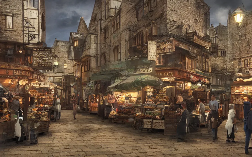 Prompt: at the market of a medeveil english town highly detailed, cinematic lighting, render, fantasy