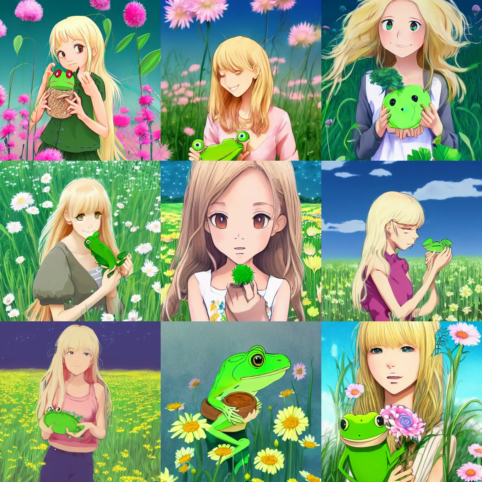 Prompt: illustration of a blonde girl! holding a happy green! frog!, in a field of flowers, studio ghibli, fantasy, disney, anime, digital art, cute, shoujo, trending on artstation, very detailed, realistic, anime 4 k