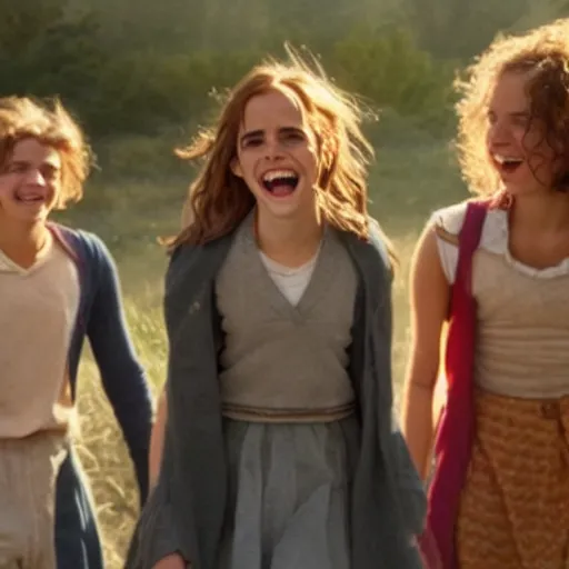 Prompt: Still of Emma Watson as Hermione Granger laughing with her friends. Prisoner of Azkaban. During golden hour. Extremely detailed. Beautiful. 4K. Award winning.