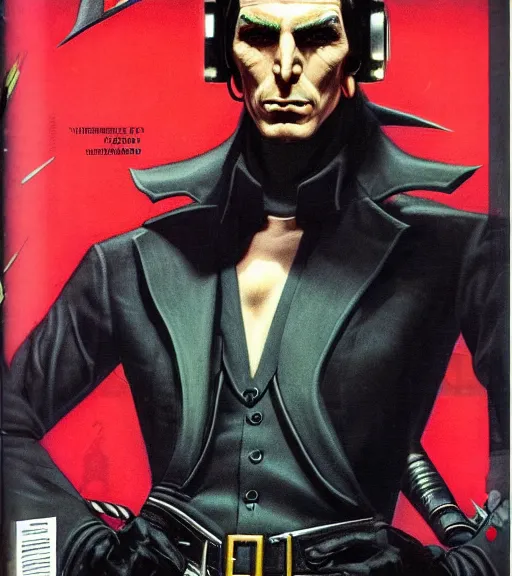 Prompt: a cyberpunk very ugly mafia boss in a suit with slicked back black hair played by christen bale as an elf, 1 9 7 9 omni magazine cover, style by vincent di fate, artgerm, very coherent, detailed, 4 k resolution, dark, unreal engine, daz