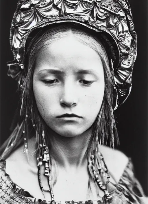 Image similar to portrait of young woman in renaissance dress and renaissance headdress, art by sebastiao salgado