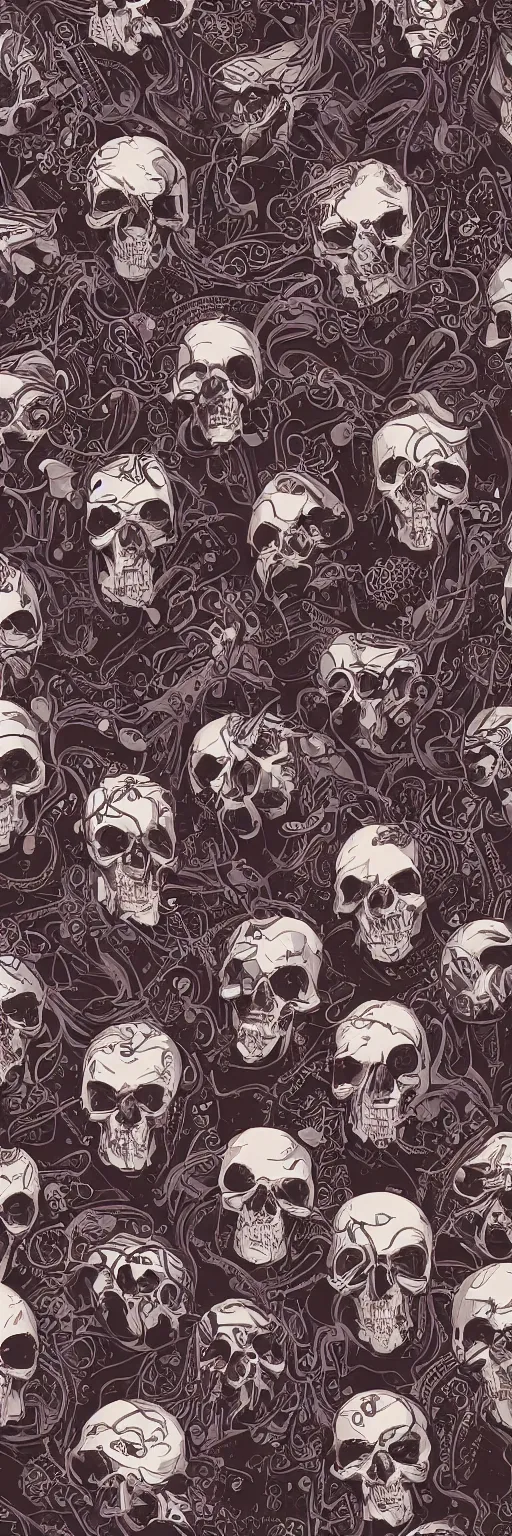 Prompt: seamless pattern, a beautiful vector painting of cyberpunk skulls by sachin teng and pascal blanche and and nekro and josan gonzalez. film noir, brush stroke, vibrating colors, hyper detailed. octane render. trending on artstation