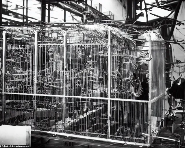 Image similar to scientists studying quetzalcoatl locked in a cage in a warehouse, 1 9 5 0's sci - fi, black and white, 8 k, highly ornate intricate details, extreme detail,