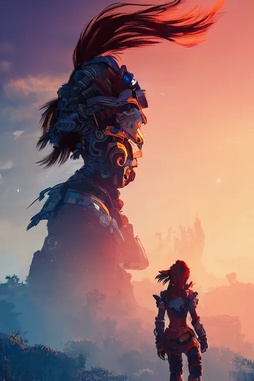 Image similar to combination suit armor aloy horizon forbidden west horizon zero dawn radiating a glowing aura global illumination ray tracing hdr fanart arstation by ian pesty and alena aenami artworks in 4 k tribal robot ninja mask helmet backpack