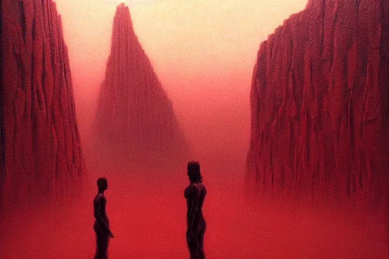 Image similar to only with red, red god of death eat apple, a futuristic city on mars in the background, an ancient path, in the style of beksinski, part by hopper, part by rodcenko, part by hofbauer, intricate composition, red by caravaggio, insanely quality, highly detailed, masterpiece, red light, artstation, 8 k