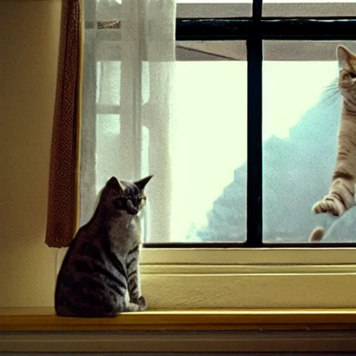 Prompt: cat looking to the window, movie frame by wes anderson.