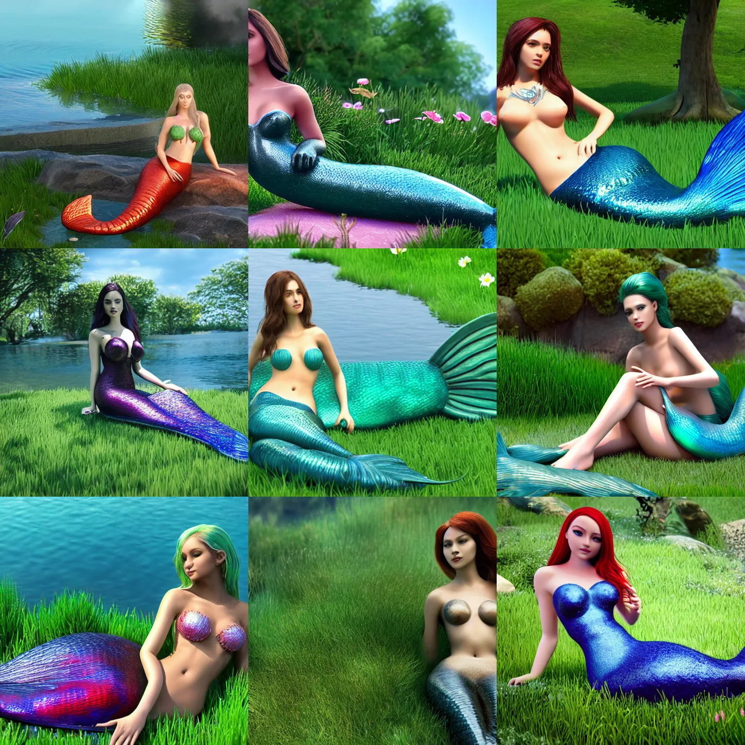 Prompt: An image of a beautiful mermaid sitting in a lawn, hyperrealistic, unreal engine