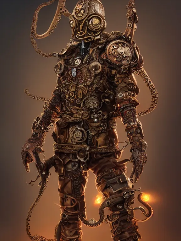 Prompt: full body portrait of single warrior with steampunk octopus armour, character design, digital painting, 4 k hd, octane render, intricate and highly detailed, coloured with lots of colour, cinematic,