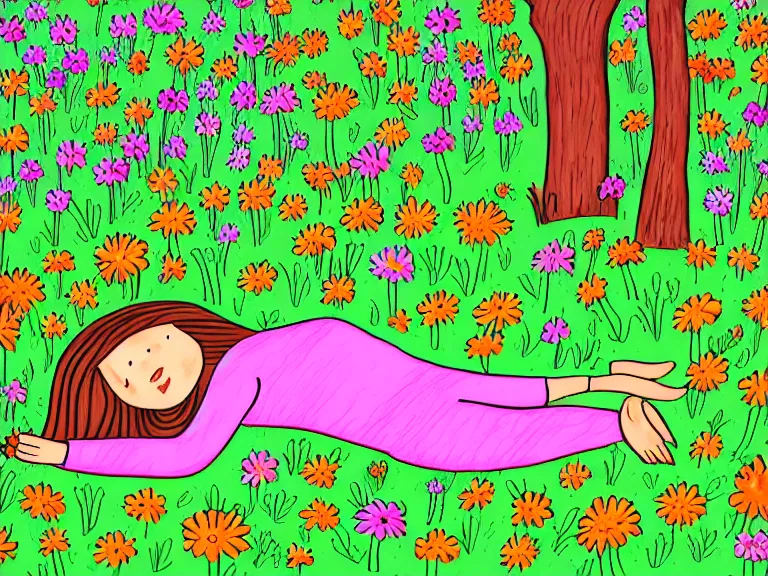 Prompt: drawing of girl laying down in the lawn full of flowers that smells like honey amongst forest with her soul connected to the nature around her. in naive art style