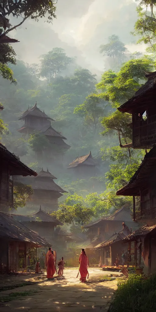 Image similar to kerala village, sharp focus, wide shot, trending on ArtStation, masterpiece, by Greg Rutkowski, by Ross Tran, by Fenghua Zhong, octane, soft render, oil on canvas, colorful, cinematic, environmental concept art