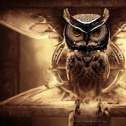 Prompt: a Warrior owl art nuveau, steampunk, symmetry, full frame, cinematic light , unreal engine,