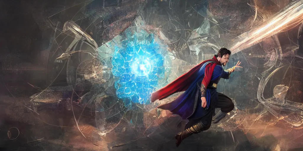 Prompt: an environmental concept art of doctor strange, multiple dimensions visible through shattered glass, refractions, highly detailed, environmental light, cinematic by francis tneh