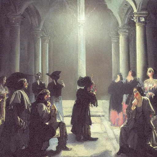 Image similar to baroque vampire ceremony, in the style of Ilya Repin, volumetric light, dramatic lighting, smoky
