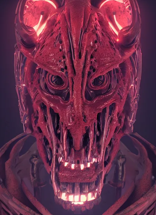 Image similar to a portrait up of a creepy looking biomechanical demon head, gigeresque cyberpunk art by ikuo hirayama, photorealism, octane render, behance hd, polycount, glowing fire background