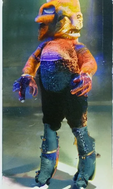 Image similar to colorful crystal gary busey creature, 9 0 s toy commercial, photo from the 7 0 s, horror lighting, neon lighting, polaroid photo,