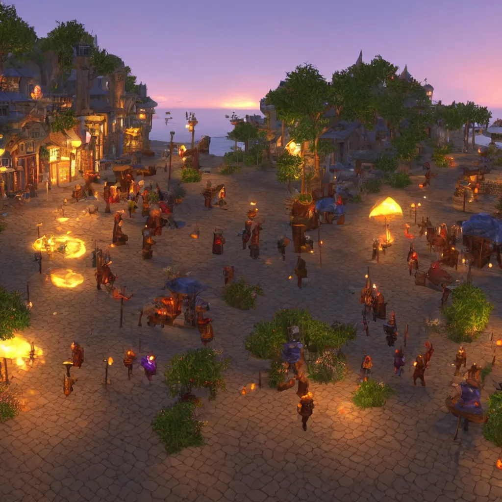 Prompt: the new fantasy roleplaying metaverse location! virtual reality supported! come join us at the most popular mmorpg in the metaverse! here is an incredible image from a seaside village at dusk! folks drinking outside the pub! welcome to the future! hyper - realistic, path tracing