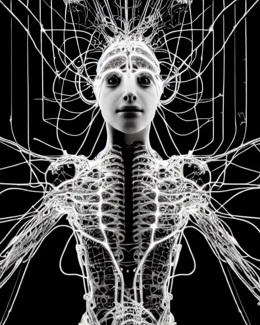 Image similar to black and white cyborg - plant goddess high quality photo, microchip, artificial intelligence, bio - mechanical bio - luminescence, black wired cables, neurons, nerve cells, cinematic, rim light, photo - realistic, high detail, 8 k, masterpiece, high fashion, in the style of steven meisel dora maar h. g. giger