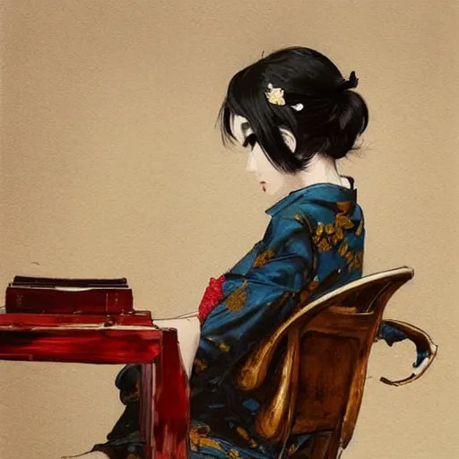 Prompt: painting by wlop, conrad roset, coby whitmore, and chie yoshii. of a pretty cute japanese beauty sitting on antique chair leaning against a desk, sideview, victorian room