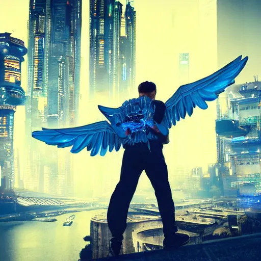 Prompt: young French man with blue energy wing on his back, behind a futuristic cyberpunk city, hyperrealistic, high quality, multiple details