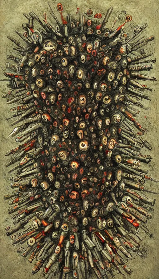 Image similar to a storm vortex made of many demonic eyes and teeth, by dan witz