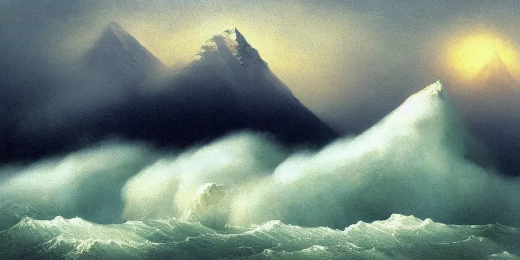 Image similar to A tsunami crashes over Mount Everest in the style of Ivan Aivazovsky