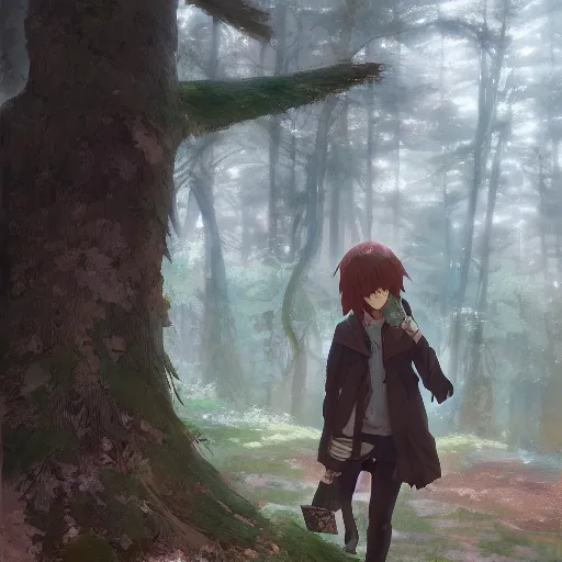 Image similar to anime character in the woods, hyperrealistic, trending on pixiv fanbox, painted by greg rutkowski makoto shinkai takashi takeuchi studio ghibli, akihiko yoshida