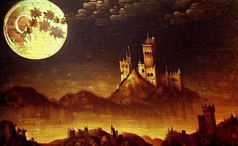 Image similar to oil painting by leonardo da vinci, full moon, french gothic burning!!! castle, fog! clouds, bats flying away from castle, blur, bokeh,