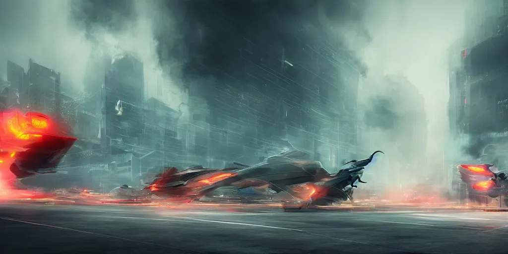 Prompt: muted colorful smoke made into misty shapes of racing dragons, fast energy, tense, futuristic city backdrop, cgsociety, HDR