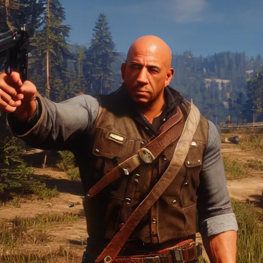 Image similar to a screenshot of vin diesel in red dead redemption 2 as arthur morgan