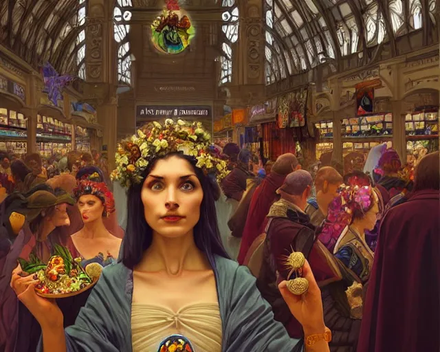 Image similar to a funeral in a supermarket, photography of kurzgesagt, deep focus, d & d, fantasy, intricate, elegant, highly detailed, digital painting, artstation, concept art, matte, sharp focus, illustration, hearthstone, art by artgerm and greg rutkowski and alphonse mucha