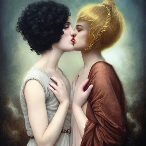 Image similar to a portrait of two women kissing in the style of tom bagshaw