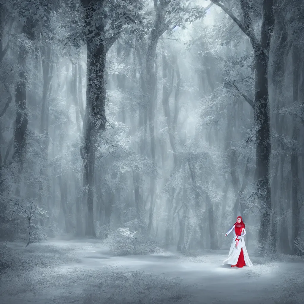 Image similar to extremely detailed picture of a princess wearing all white in a red forest, octane render, aesthetic