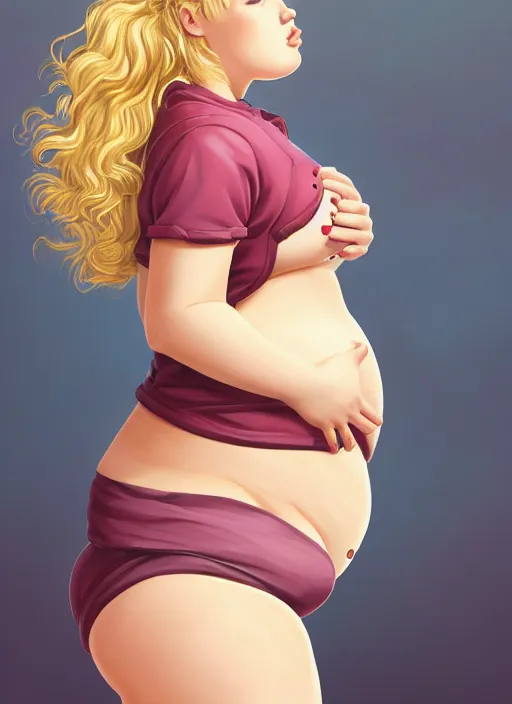 Image similar to full body portrait, teenage betty cooper, blonde hair, obese, bangs, ponytail, sultry, realistic, sultry smirk, fluffy bangs, curly bangs, fat, belly, beautiful girl, intricate, elegant, highly detailed, digital painting, artstation, concept art, smooth, sharp focus, illustration, art by wlop, mars ravelo and greg rutkowski