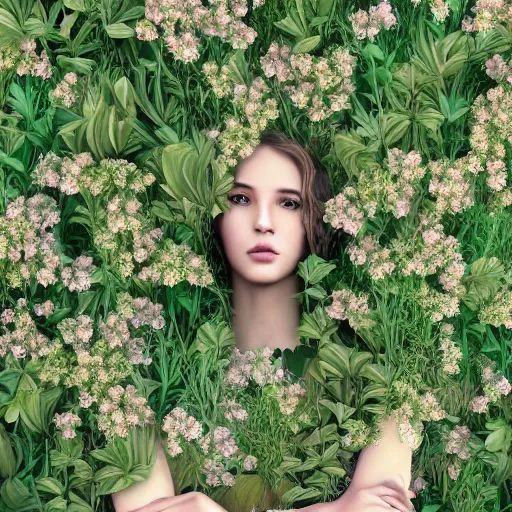 Image similar to beautiful girl in a dress made of plants, beautiful portrait, symmetrical, character concept style trending on artstation concept art detailed octane render cinematic photo - realistic 8 k high detailed