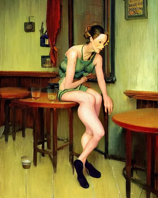 Image similar to a beautiful barmaid, dimly lit cozy tavern in the style of Francis Bacon and Syd Mead and Edward Hopper and Norman Rockwell and Beksinski, open ceiling, highly detailed, painted by Francis Bacon, painted by James Gilleard, surrealism, airbrush, Ilya Kuvshinov, WLOP, Stanley Artgerm, very coherent, art by Takato Yamamoto and James Jean